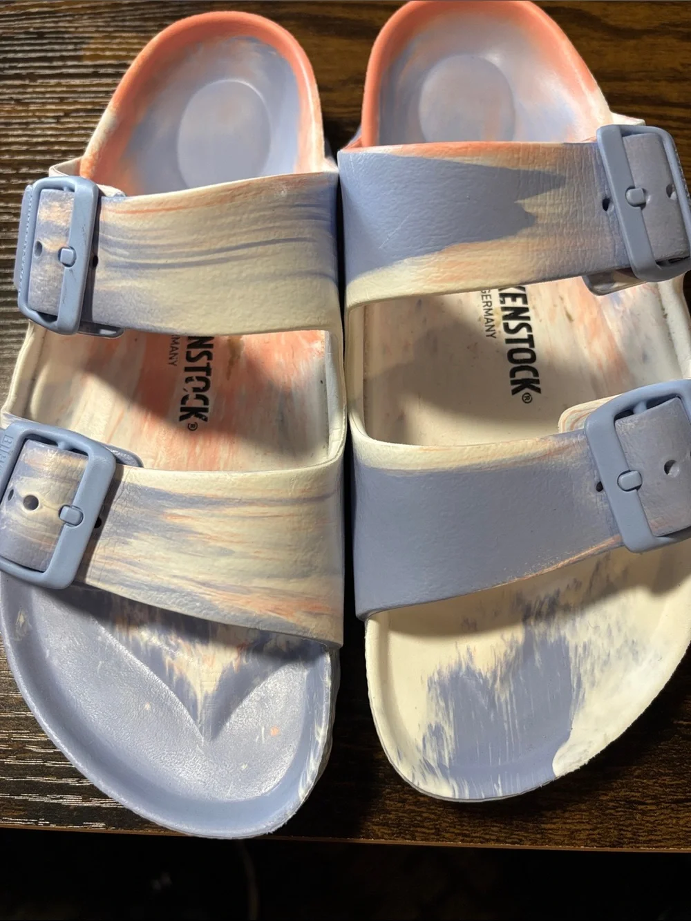 Birkenstock Arizona EVA Slides in Lavender, Coral and Cream Swirl